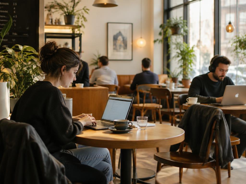 People working on laptops in a café