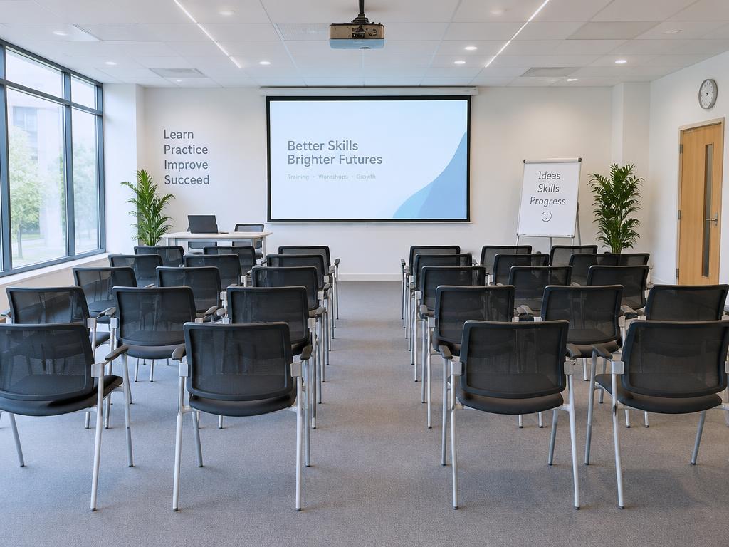 Training room with rows of chairs and a presentation screen
