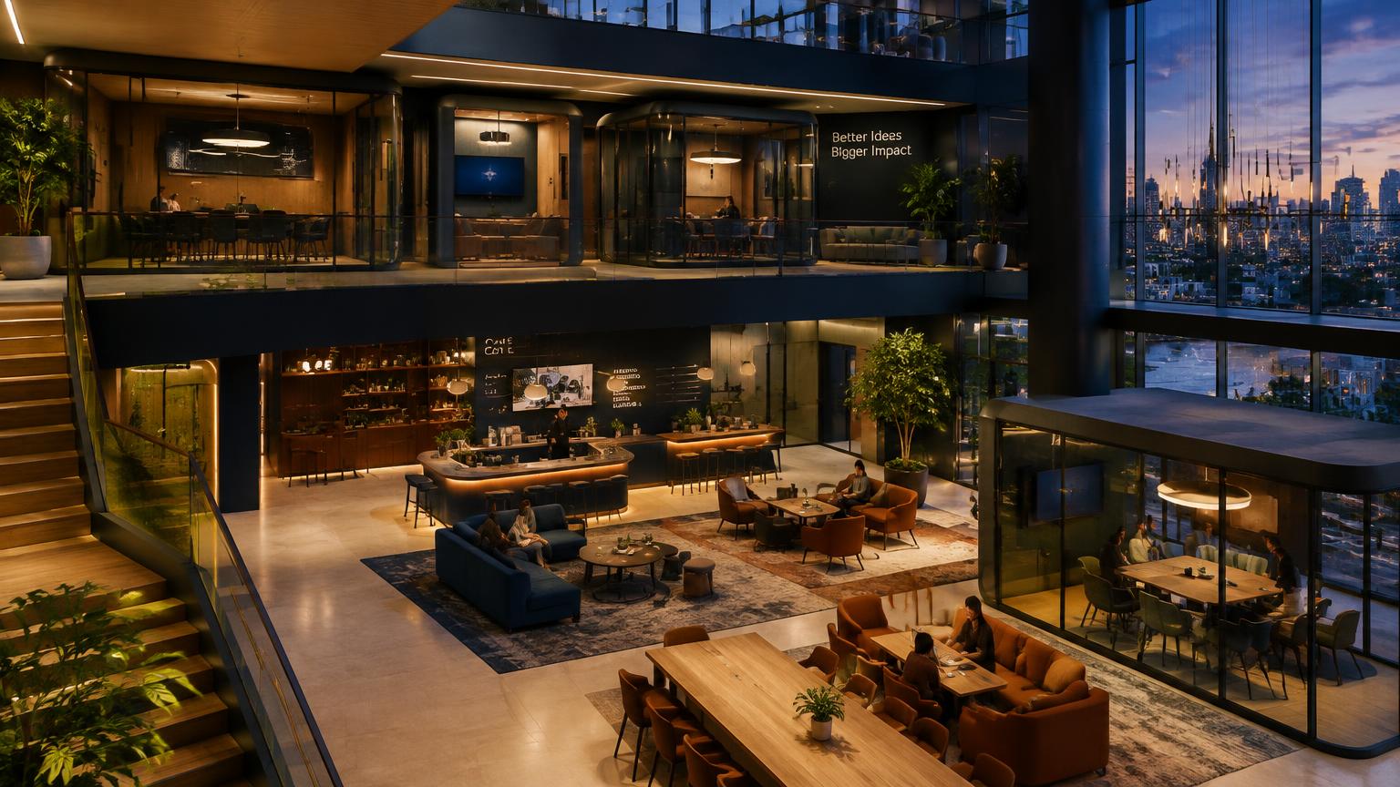 Architectural concept of the Zuipods Experience Center with café, coworking and pods